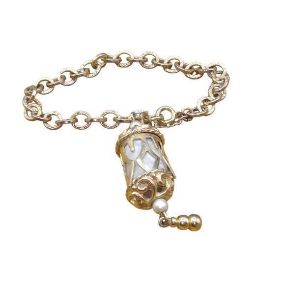 Vintage Emmons Magic Lantern Bracelet, Textured Links Chain with Mother of Pearl - Picture 4 of 6